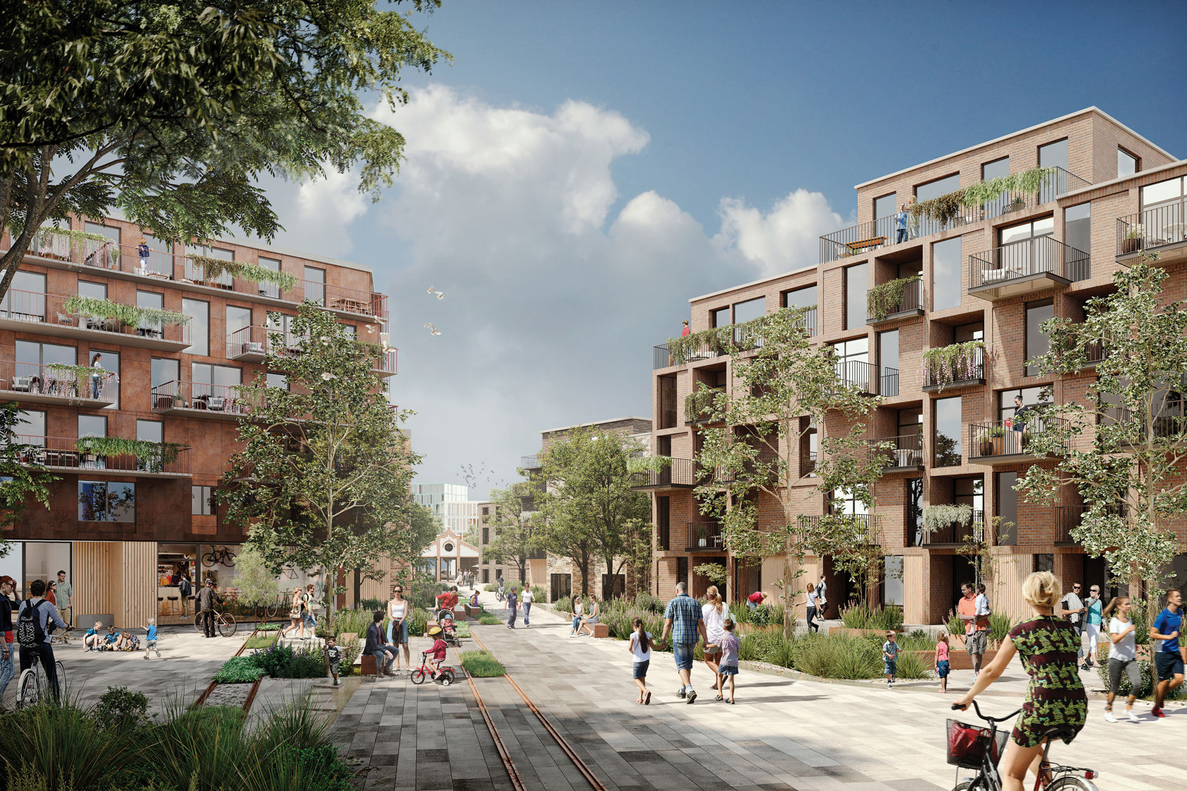 Illustrasjon av en ny bydel i Drammen, mennesker går i det grønne, bilfrie byrommet