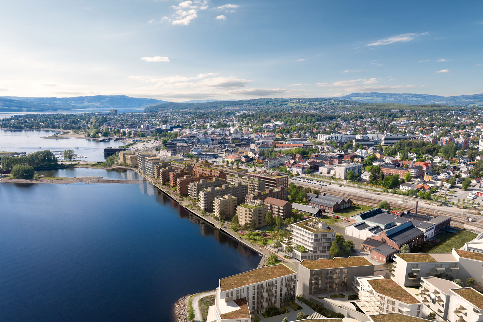 dronebilde med illustrasjoner av nye bygg ved sjøkanten av et Mjøsa