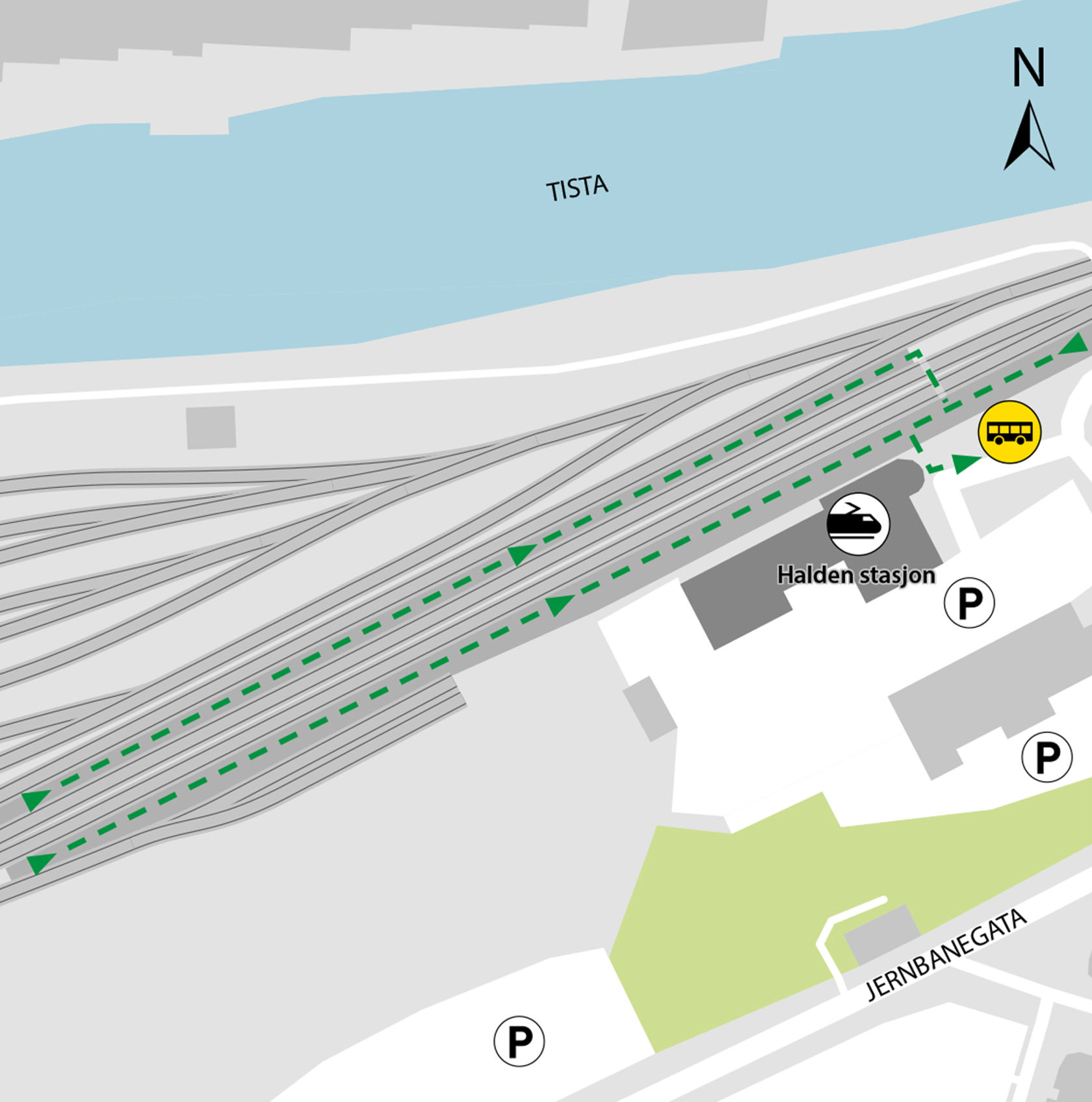 Kartet viser at bussene kjører fra bussholdeplassen Halden stasjon.