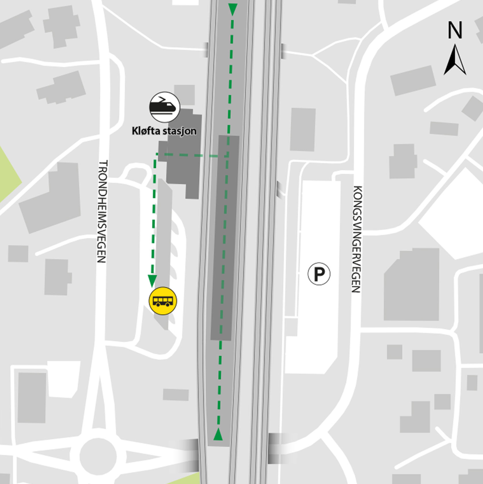 Kartet viser at bussene kjører fra bussholdeplassen Kløfta stasjon, plattform 5 og 6.