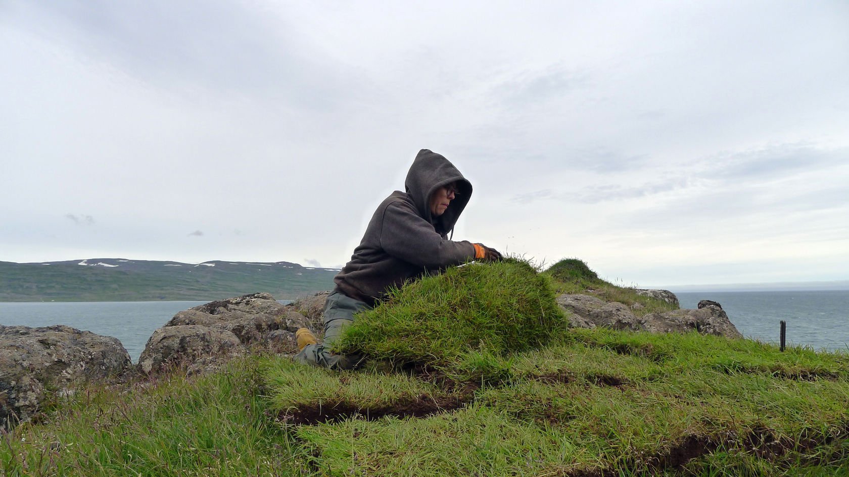 dame sitter i gresset. havet i bakgrunnen. jobber med en gressteist.